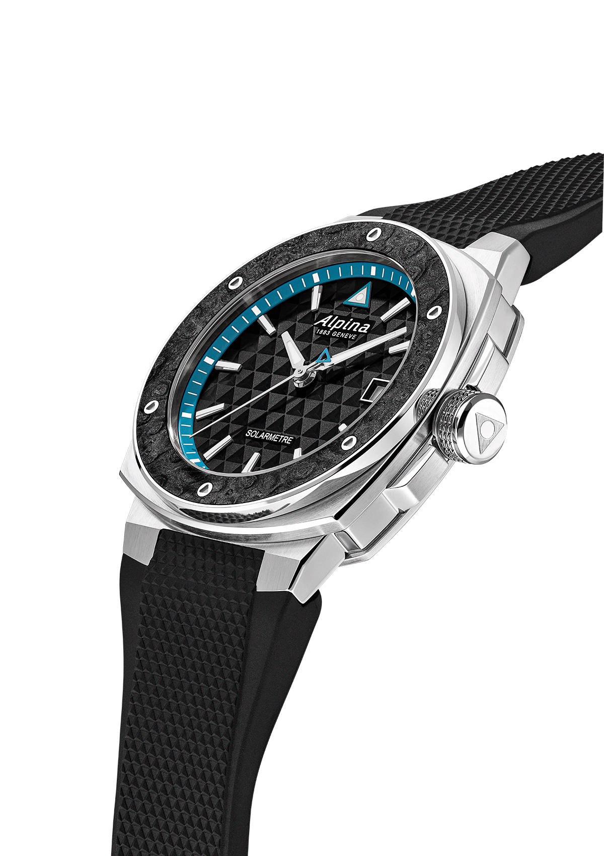 Angled view of the Alpina Route du Rhum showing the steel case and carbon-fibre bezel insert