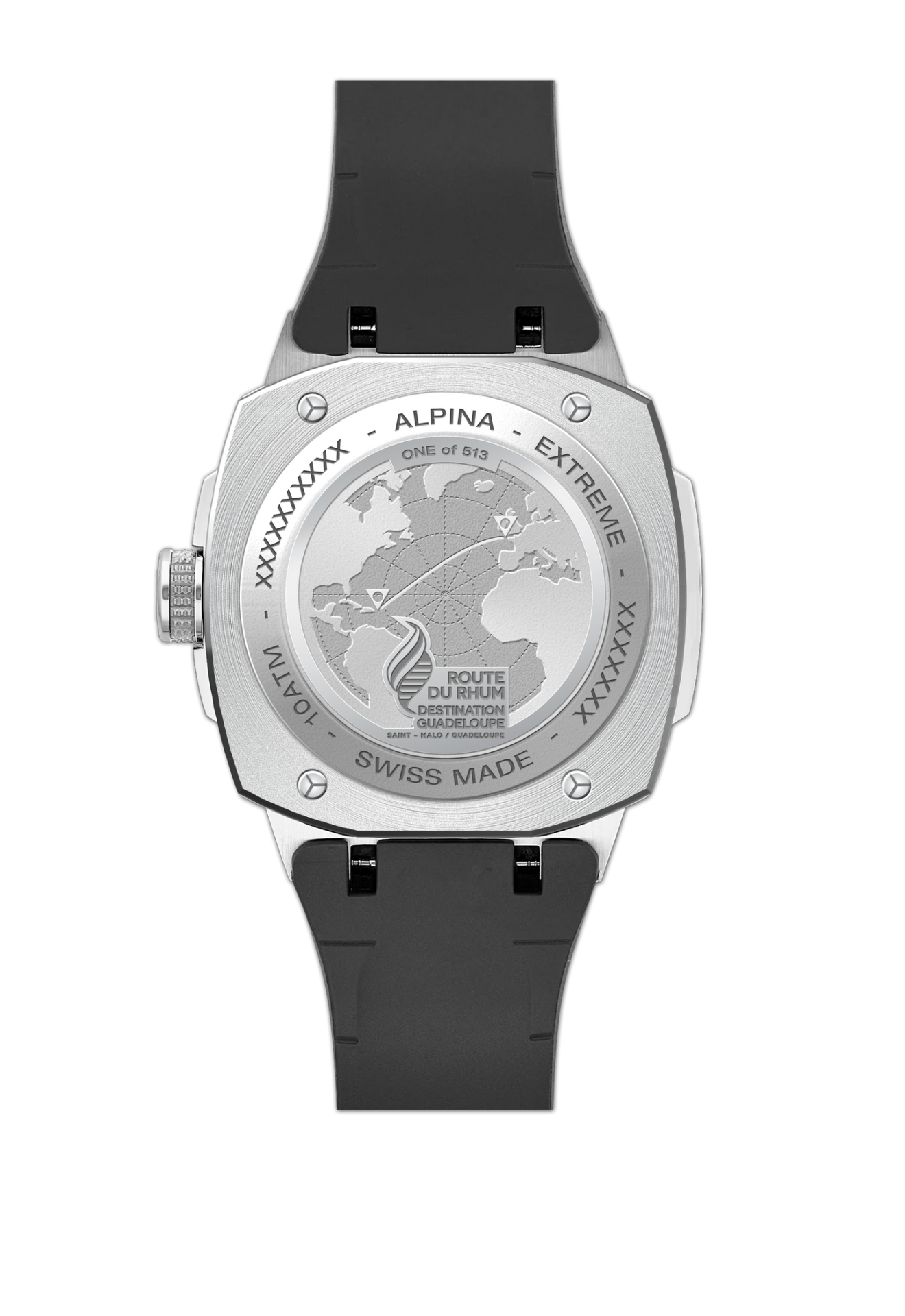 Steel caseback of the Alpiner Extreme Solarmetre engraved with the Route du Rhum race route