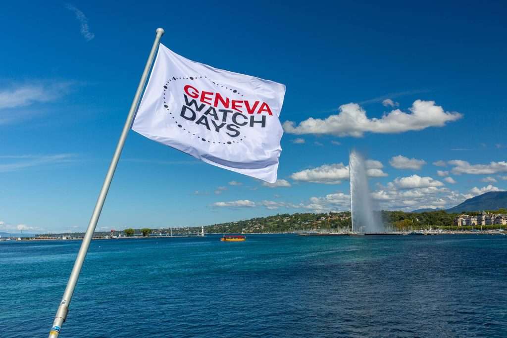 Geneva Watch Days flag beside Lake Geneva and the Jet d’Eau