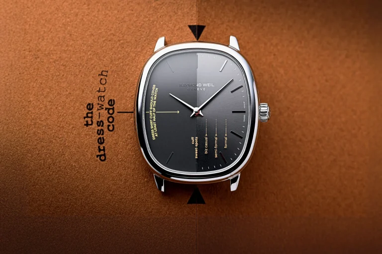 Raymond Weil x seconde seconde Toccata Heritage watch showing the split dial with yellow dress code markings.