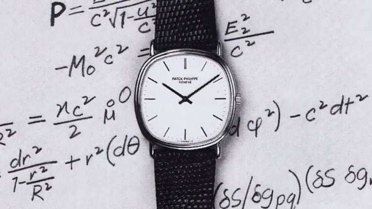 Albert Einstein Patek Philippe advertisement showing a Patek Philippe Ellipse over scientific formulas