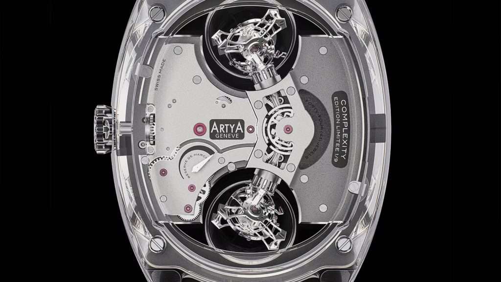 ArtyA Complexity Dual Tourbillon movement showing dual inclined tourbillons in openworked architecture