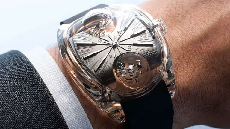 ArtyA Complexity Dual Tourbillon watch with dual inclined tourbillons in sapphire case on wrist