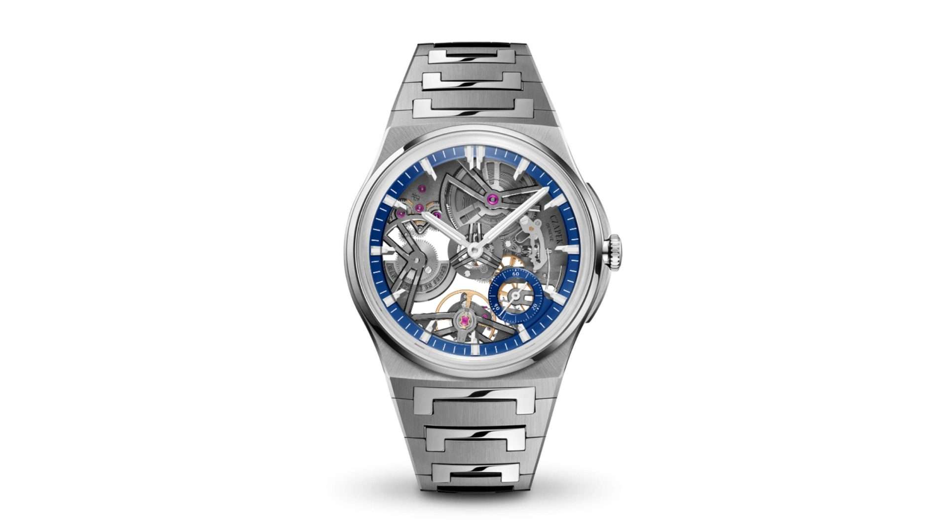Czapek Antarctique Révélation Cosmic Blue in titanium with openworked dial and visible escapement