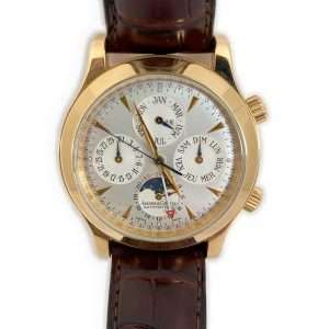 Jaeger-LeCoultre Master Memovox Perpetual Calendar with silver dial, gold case and brown leather strap