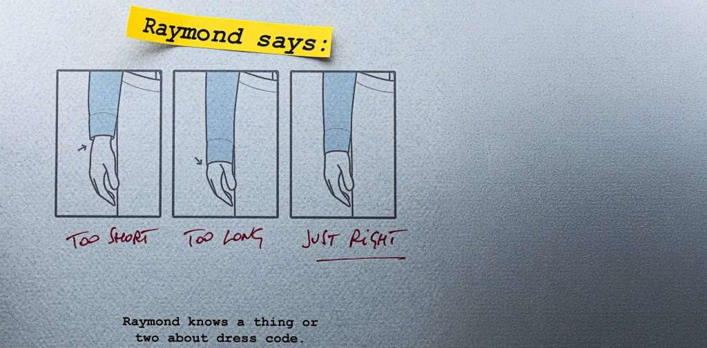 Raymond Weil × seconde seconde illustration showing shirt cuff length guide with too short, too long and just right indicators.