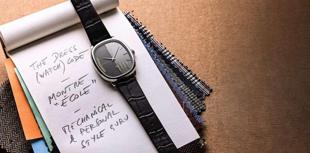 Raymond Weil x seconde seconde Toccata Heritage watch photographed on a sketchpad with dress watch code notes and fabric swatches.