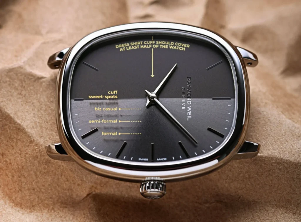 Close up of the Raymond Weil x seconde seconde Toccata Heritage split dial showing yellow dress code markings and cuff indicators.