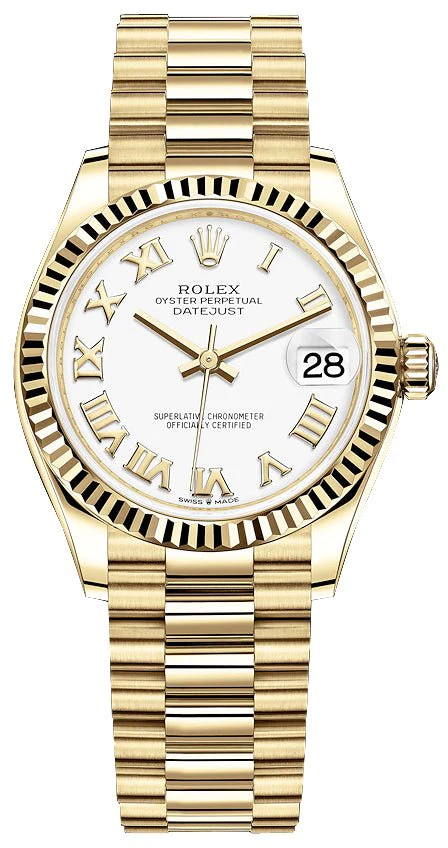 rolex datejust 31mm yellow gold 278278 white roman dial ladies president bracelet 374354